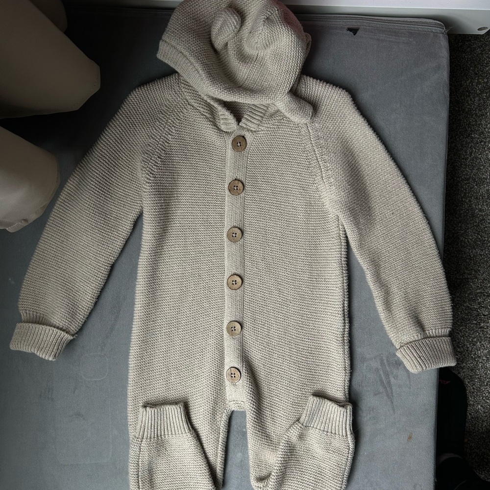Jamie Kay Cozy Knit Hooded Baby Onesie - Beige 2T